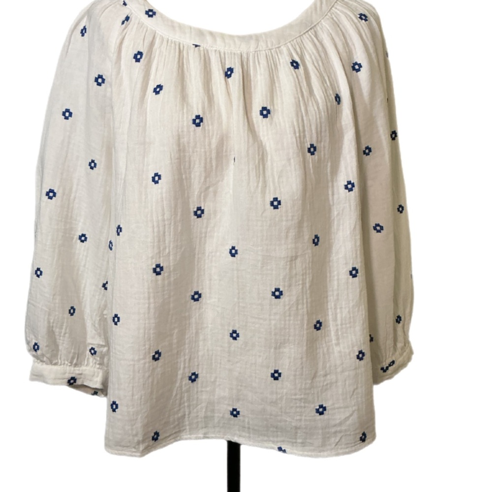 Madewell White Tunic with Navy Embroidered Dots 100% Cotton Boho Relaxed